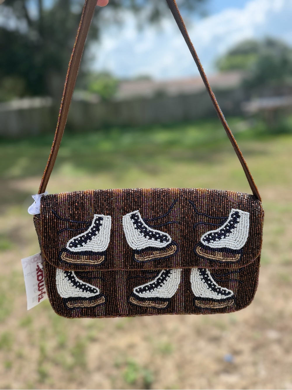 India Boutique Brown Beaded Shoulder Bag with White Skate Motifs